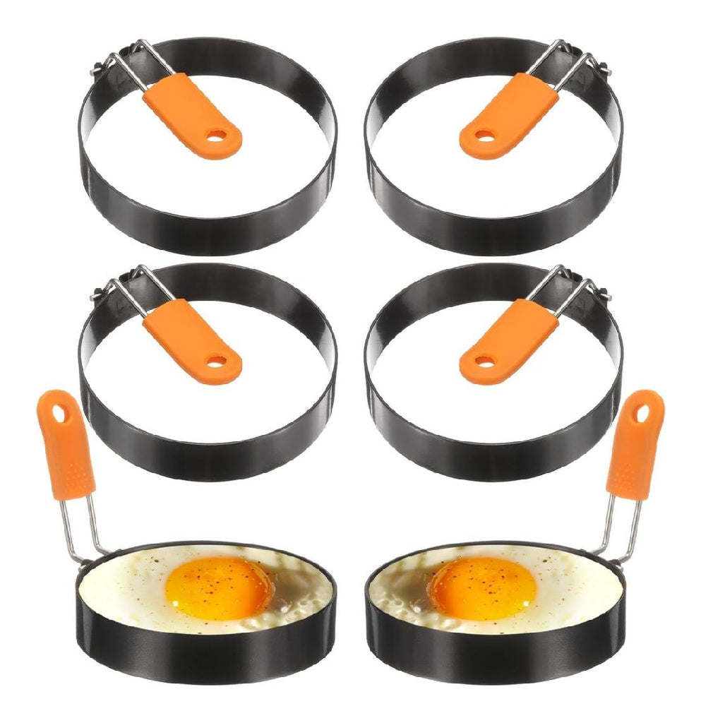 QUARKZMAN 6Pcs Anneaux a ?ufs 4 En Acier Inoxydable Antiadhesif Anneau a Pancake Avec Poignee En Silicone Pour Plaque a Griller ?ufs Sandwich Omelettes PetitDejeuner