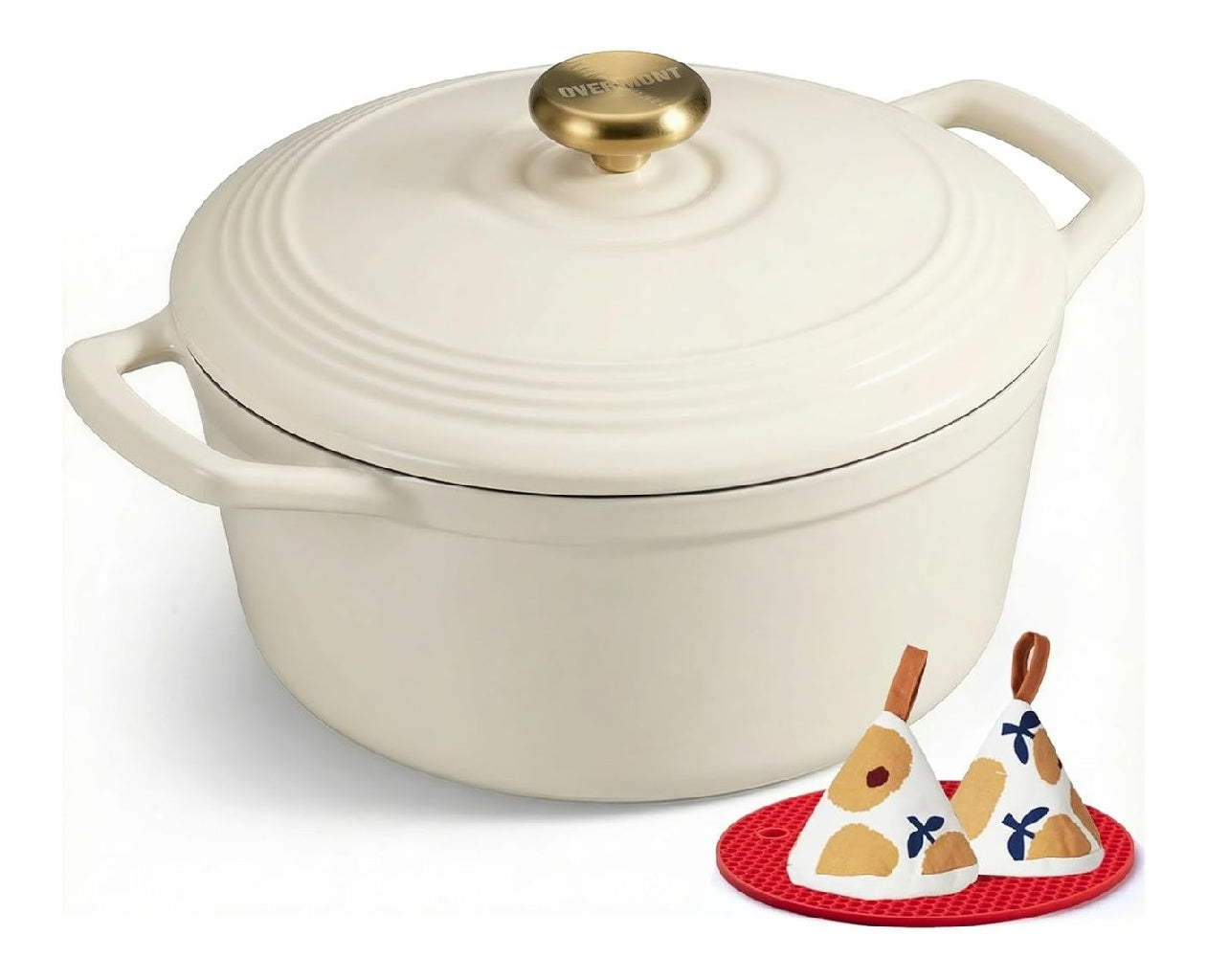 Ronde Overmont Cocotte en Fonte emaillee 26 cm 52 LBlanc Creme Pour 4 a 6 personnes avec couvercle et protegepoignees en coton tous feux dont induction et four destine a pain et mijotes